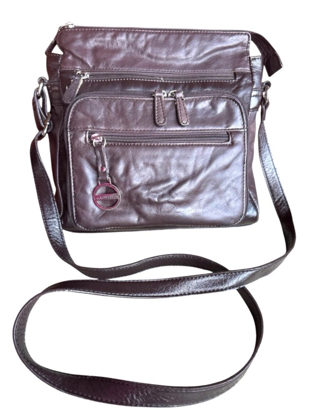 Croft & Barrow Crossbody Bag Brown Leather Handbag, Zip close + 4 Compartments